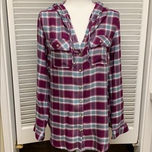 Maurices Hooded Plaid Button Down Tunic Shirt